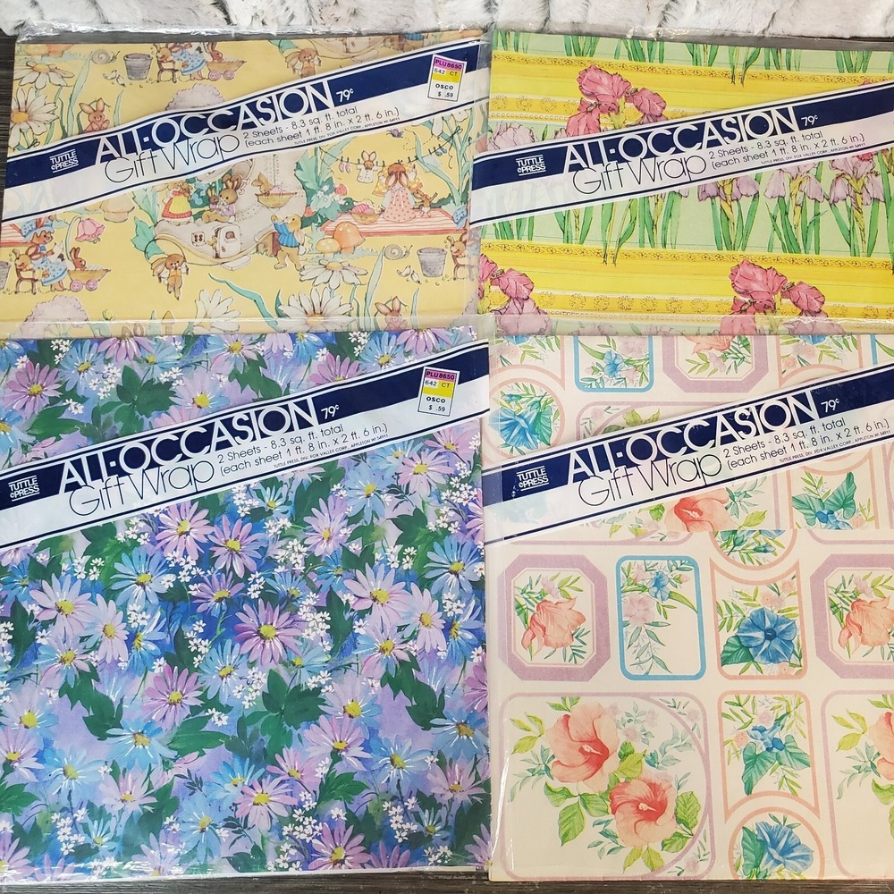 Vtg Turtle Press Gift Wrap - 4 Packs - 8 Sheets Total NOS Florals, Bunny Garden